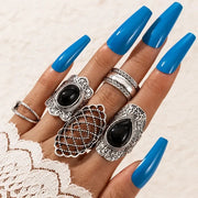 Tocona 5pcs/sets Vintage Silver Color Geometric Joint Ring for Women Black Crystal Stone Cross Party Jewelry Accessories 17196