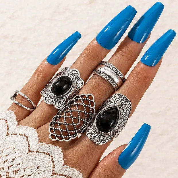 Tocona 5pcs/sets Vintage Silver Color Geometric Joint Ring for Women Black Crystal Stone Cross Party Jewelry Accessories 17196