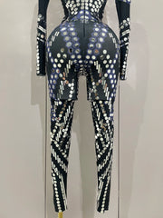 Sexy Shiny Silver Sequins Mirror Black Spandex Jumpsuit 2025 Women Prom Dancer Singer Costume Evening Birthday Show Stage Outfit