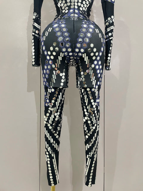 Sexy Shiny Silver Sequins Mirror Black Spandex Jumpsuit 2025 Women Prom Dancer Singer Costume Evening Birthday Show Stage Outfit