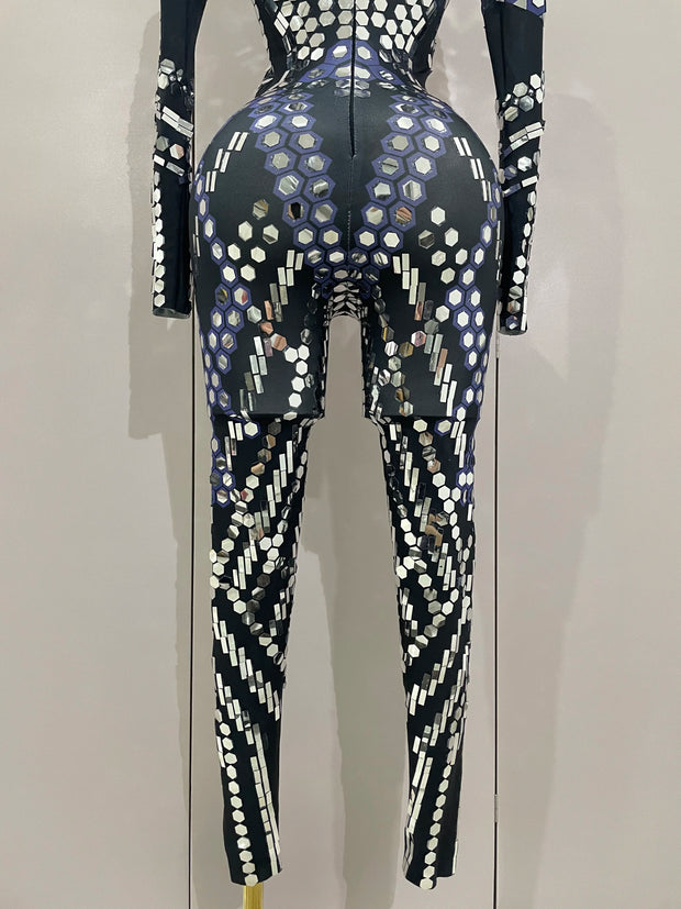 Sexy Shiny Silver Sequins Mirror Black Spandex Jumpsuit 2025 Women Prom Dancer Singer Costume Evening Birthday Show Stage Outfit