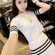 Women's Short Hip Wrap Skirt Suit 2024 Spring Summer New Fashion Stripe Knitted Crop Tops Dress Two Piece Set For Women Clothing
