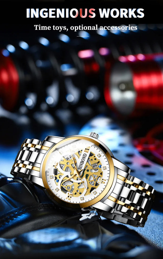 BINBOND Business New Automatic Non-Mechanical Quartz Watches 30M Waterproof Luminous Tourbillon Trendy Hollow Design Men Watches