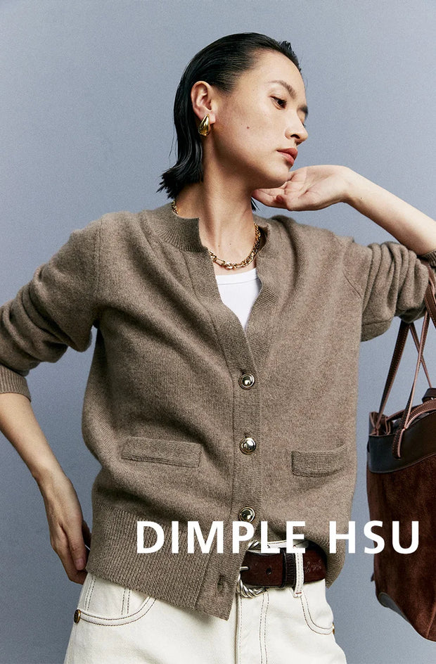 Autumn/Winter Knitted Loose Cardigan Jacket Pure Wool Sweater Temperament round Neck Slim Fit Long Sleeve Top for Women