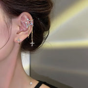 Shiny Silver Color Crystal Cross Star Tassel Ear Clip for Women Trendy Rhinestone Long Fake Cartilage Piercing Ear Cuff Jewelry