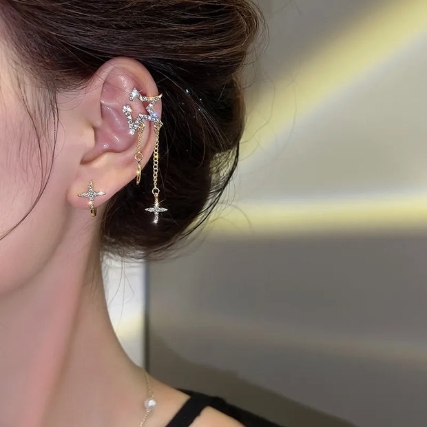 Shiny Silver Color Crystal Cross Star Tassel Ear Clip for Women Trendy Rhinestone Long Fake Cartilage Piercing Ear Cuff Jewelry