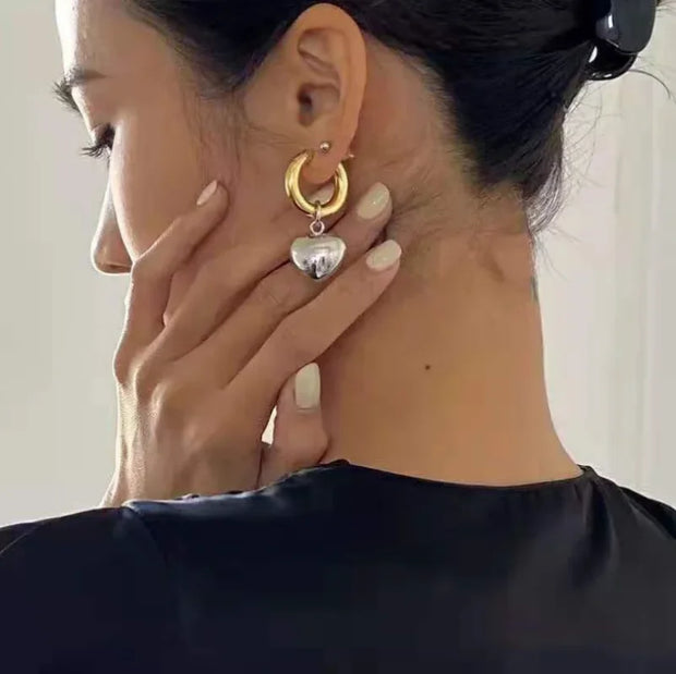 Statement Minimalist Gold Silver Color Mixed Solid Heart Pendant Hoop Earrings Street Style Korean Fashion Jewelry Accessories
