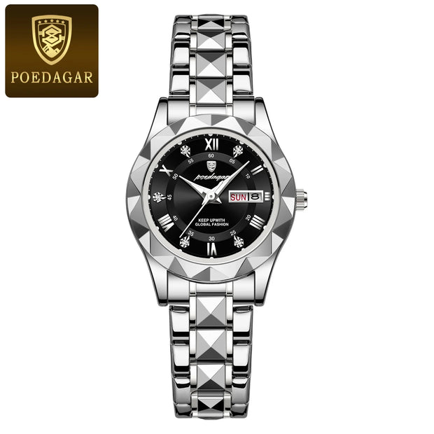 POEDAGAR Luxury Quartz Watch for Ladies Waterproof Luminous Date Week Stainless Steel Women Watches Elegant Dress WristWatch+box