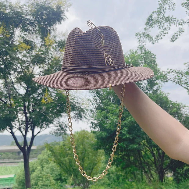 Fashionable Metal Letter Straw Hats for Women Men Summer Outdoor Holidays Beach Sun Hat Panama Hat