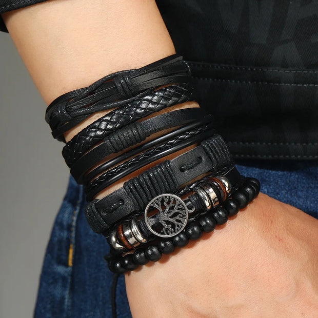 Punk Casual Bead6 Pc/set Tree Black Khaki Handmade Men Bracelets Male Women Leather Bracelets Men Bangle Wholesale Jewelry Gift