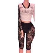 HLJ Y2K Sexy Lace Two Piece Set for Woman Letter Printing See Through Long Sleeve Crop Top + Shorts Suits Female Streetwear New
