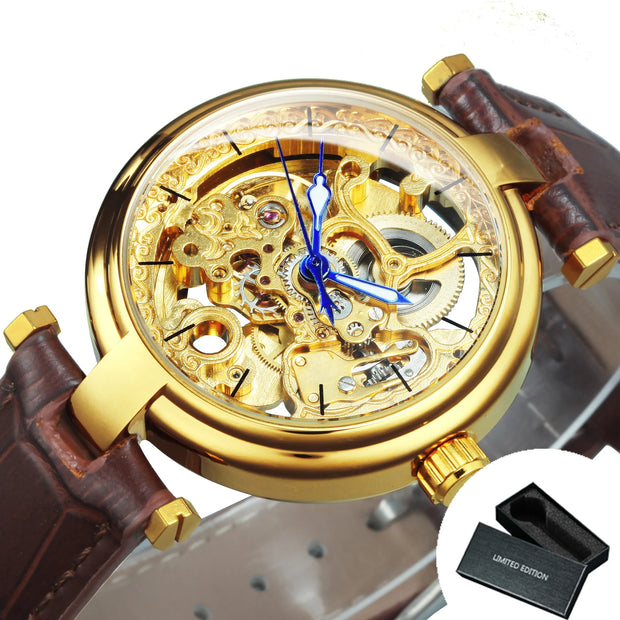 Forsining Fashion Luxury Skeleton Automatic Watch for Women Luminous Hands Elegant Gold Mechanical Ladies Watches Leather Strap
