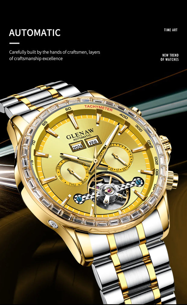 2025 Year Month Sunday Multi-functional Mechanical Watch GLENAW Watch Diamond Circle Stainless Steel Waterproof Luminous Watches