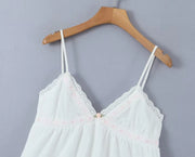 2023 Sexy Pink Spliced Embroidery Lace Deep V neck Mini Sling Dress Women Adjust Bow Ribbon Back Backless Party Robe Holiday