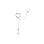 Shiny Silver Color Crystal Cross Star Tassel Ear Clip for Women Trendy Rhinestone Long Fake Cartilage Piercing Ear Cuff Jewelry