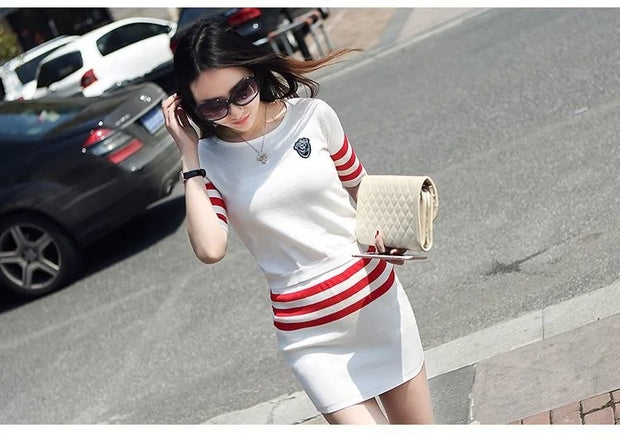 Women's Short Hip Wrap Skirt Suit 2024 Spring Summer New Fashion Stripe Knitted Crop Tops Dress Two Piece Set For Women Clothing
