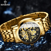 BINBOND Business New Automatic Non-Mechanical Quartz Watches 30M Waterproof Luminous Tourbillon Trendy Hollow Design Men Watches