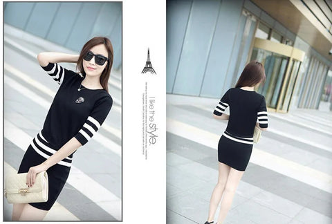 Women's Short Hip Wrap Skirt Suit 2024 Spring Summer New Fashion Stripe Knitted Crop Tops Dress Two Piece Set For Women Clothing