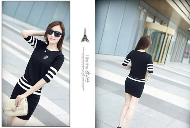 Women's Short Hip Wrap Skirt Suit 2024 Spring Summer New Fashion Stripe Knitted Crop Tops Dress Two Piece Set For Women Clothing