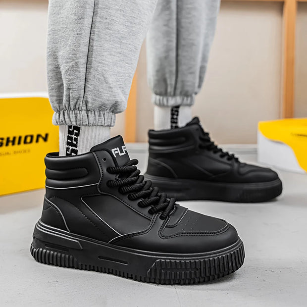 PU Leather Footwear Men Casual Shoes High Top White Breathable Footwear Shock-absorber Platform Hidden Increasing Sneakers