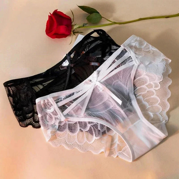 Womens Briefs Sheer Mesh Perspective Lace Panties Breathable Transparent Underpants Low-rise Sexy Bowknot Underwear Bikini