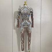 Sexy Shiny Silver Sequins Mirror Black Spandex Jumpsuit 2025 Women Prom Dancer Singer Costume Evening Birthday Show Stage Outfit
