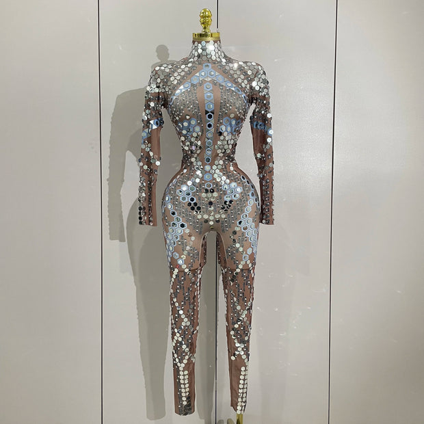 Sexy Shiny Silver Sequins Mirror Black Spandex Jumpsuit 2025 Women Prom Dancer Singer Costume Evening Birthday Show Stage Outfit
