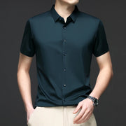 New Men's Business Casual Solid Color Short Sleeved Shirt for Summer Fashion No Ironing Comfortable and Versatile Top