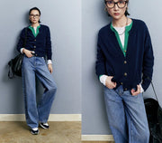 Autumn/Winter Knitted Loose Cardigan Jacket Pure Wool Sweater Temperament round Neck Slim Fit Long Sleeve Top for Women