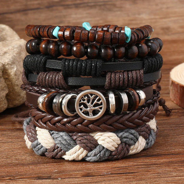 Punk Casual Bead6 Pc/set Tree Black Khaki Handmade Men Bracelets Male Women Leather Bracelets Men Bangle Wholesale Jewelry Gift