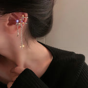 Shiny Silver Color Crystal Cross Star Tassel Ear Clip for Women Trendy Rhinestone Long Fake Cartilage Piercing Ear Cuff Jewelry