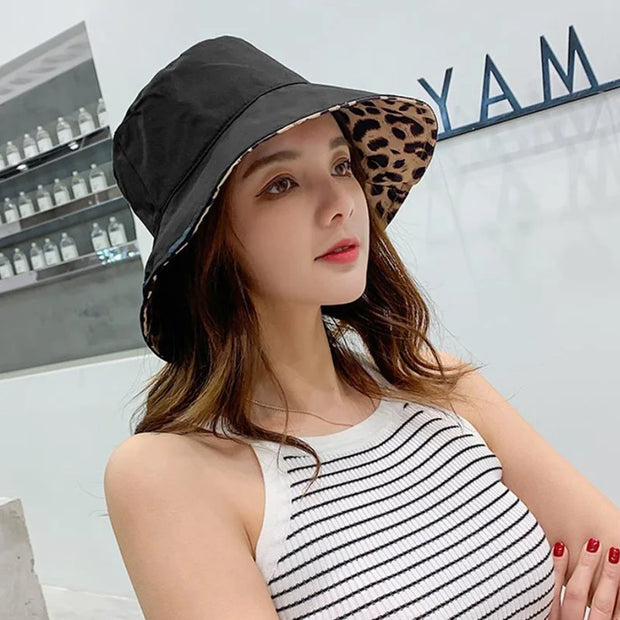 Leopard Reversible Bucket Hat Women Beach Panama Sun Hats Outdoor Wedding Party Summer Travel Caps Breathable Cotton Chapeau