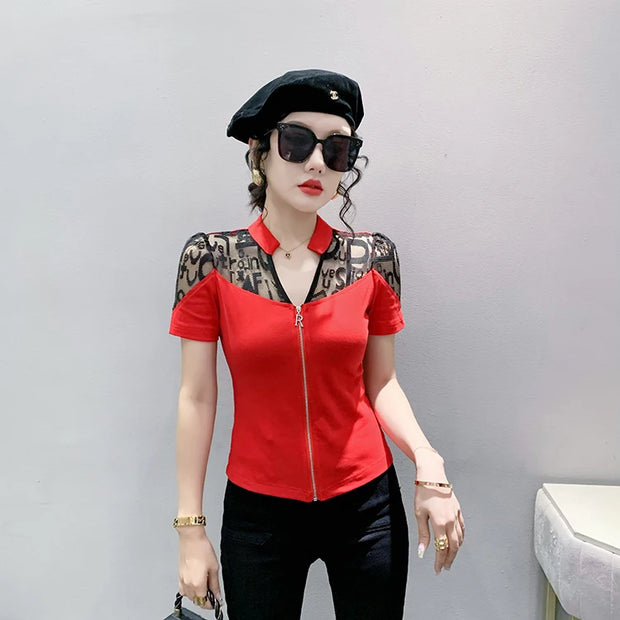 Summer European Clothes Sexy V Necks T-Shirt Women Embroidery Lace Front Zipper Slim Tops