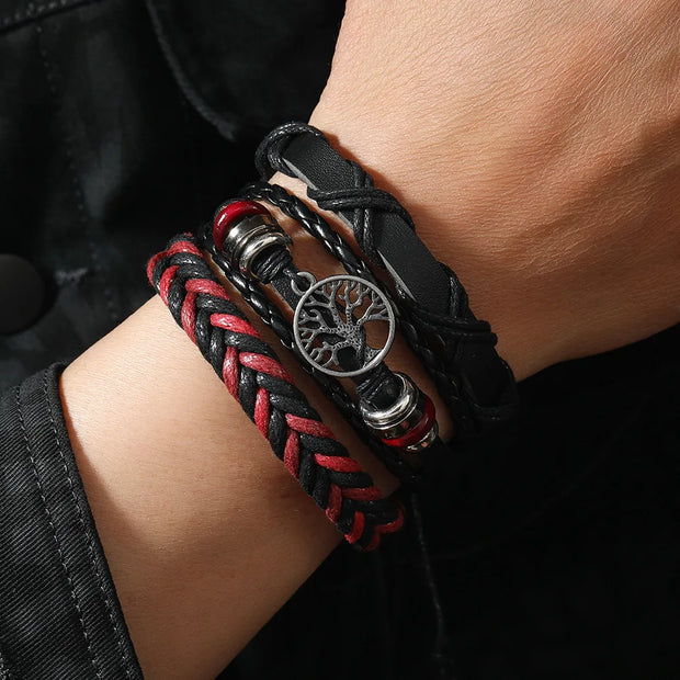 Punk Casual Bead6 Pc/set Tree Black Khaki Handmade Men Bracelets Male Women Leather Bracelets Men Bangle Wholesale Jewelry Gift