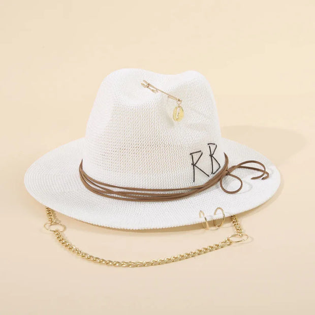 Fashionable Metal Letter Straw Hats for Women Men Summer Outdoor Holidays Beach Sun Hat Panama Hat