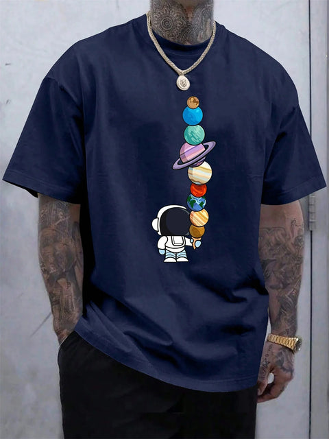 Men's Summer 100% Cotton Fashionable Casual Loose Polyester Astronaut Planet Pattern Printed Round Neck Short Sleeve T-shirt Top