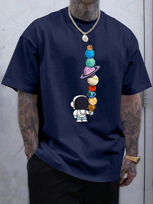 Men's Summer 100% Cotton Fashionable Casual Loose Polyester Astronaut Planet Pattern Printed Round Neck Short Sleeve T-shirt Top