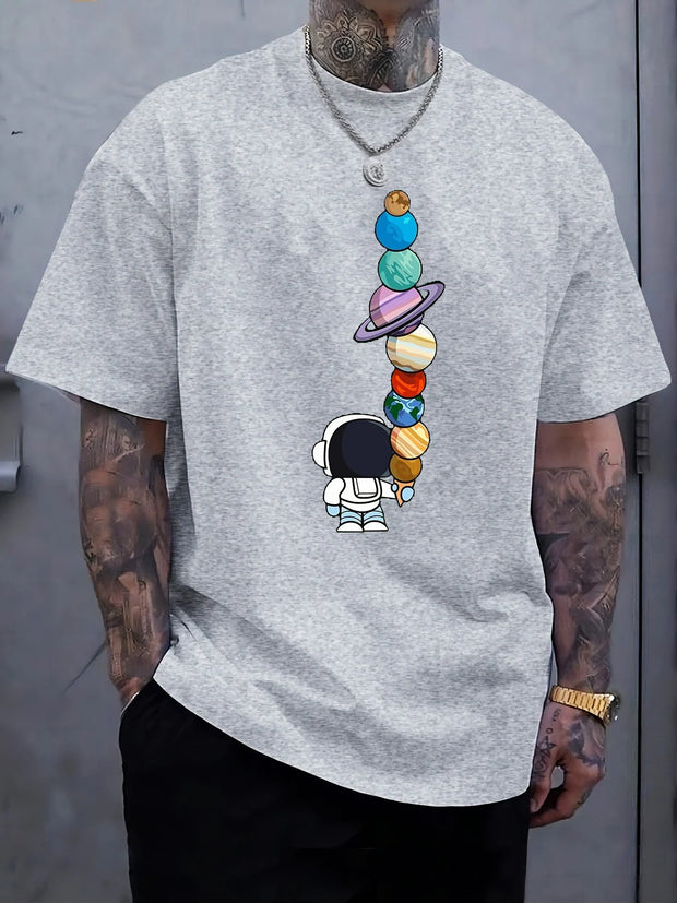 Men's Summer 100% Cotton Fashionable Casual Loose Polyester Astronaut Planet Pattern Printed Round Neck Short Sleeve T-shirt Top