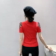 Summer European Clothes Sexy V Necks T-Shirt Women Embroidery Lace Front Zipper Slim Tops
