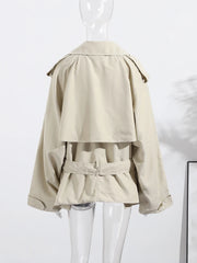 Lace Up Trench Coat With Belt Suit Collar Waist Cinched Slimming Drop Shoulder Short Windbreaker Jacket Retro Casual Outwear