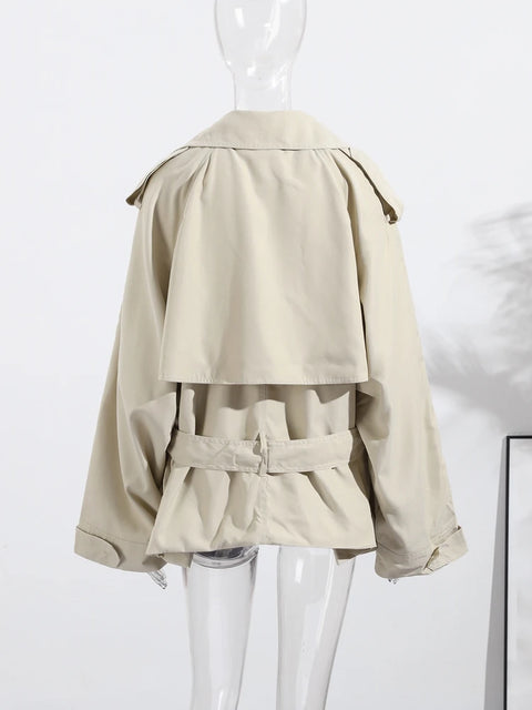 Lace Up Trench Coat With Belt Suit Collar Waist Cinched Slimming Drop Shoulder Short Windbreaker Jacket Retro Casual Outwear