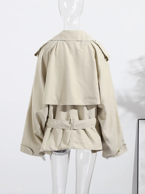 Lace Up Trench Coat With Belt Suit Collar Waist Cinched Slimming Drop Shoulder Short Windbreaker Jacket Retro Casual Outwear