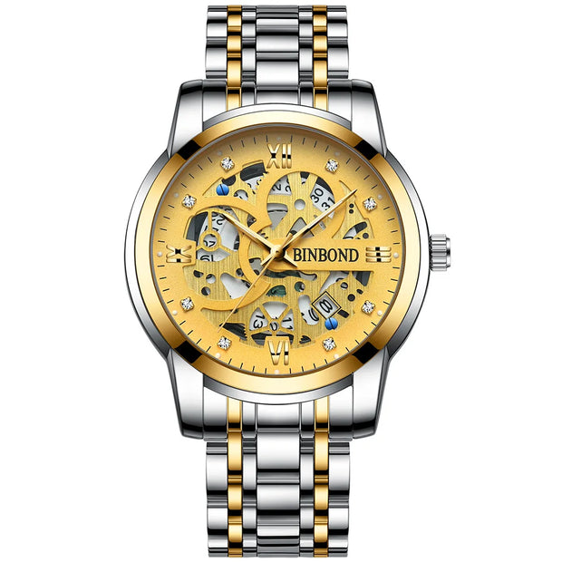 BINBOND Business New Automatic Non-Mechanical Quartz Watches 30M Waterproof Luminous Tourbillon Trendy Hollow Design Men Watches
