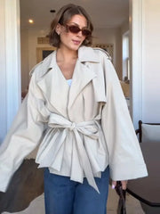 Lace Up Trench Coat With Belt Suit Collar Waist Cinched Slimming Drop Shoulder Short Windbreaker Jacket Retro Casual Outwear