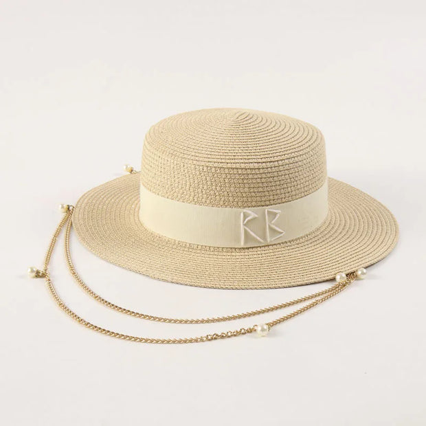 Fashionable Metal Letter Straw Hats for Women Men Summer Outdoor Holidays Beach Sun Hat Panama Hat