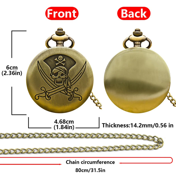 Vintage Bronze Large Pirate Skull Carved Necklace Quartz Pocket Watch Handsome Gift For Both Men And Women