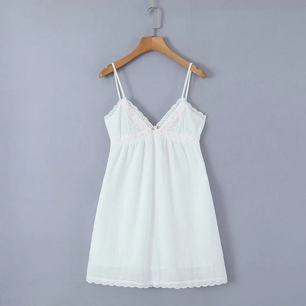 2023 Sexy Pink Spliced Embroidery Lace Deep V neck Mini Sling Dress Women Adjust Bow Ribbon Back Backless Party Robe Holiday