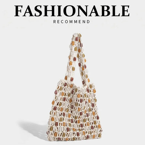 Women Beaded Bag Summer Design Hollow-out Woven Bead Tote Bag Shoulder Bag Female Small Handbag