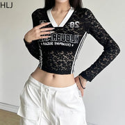 HLJ Y2K Sexy Lace Two Piece Set for Woman Letter Printing See Through Long Sleeve Crop Top + Shorts Suits Female Streetwear New