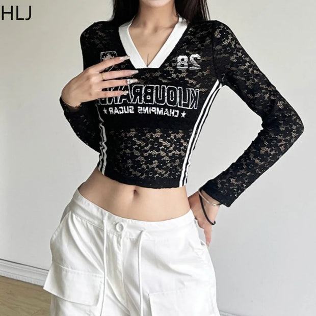 HLJ Y2K Sexy Lace Two Piece Set for Woman Letter Printing See Through Long Sleeve Crop Top + Shorts Suits Female Streetwear New